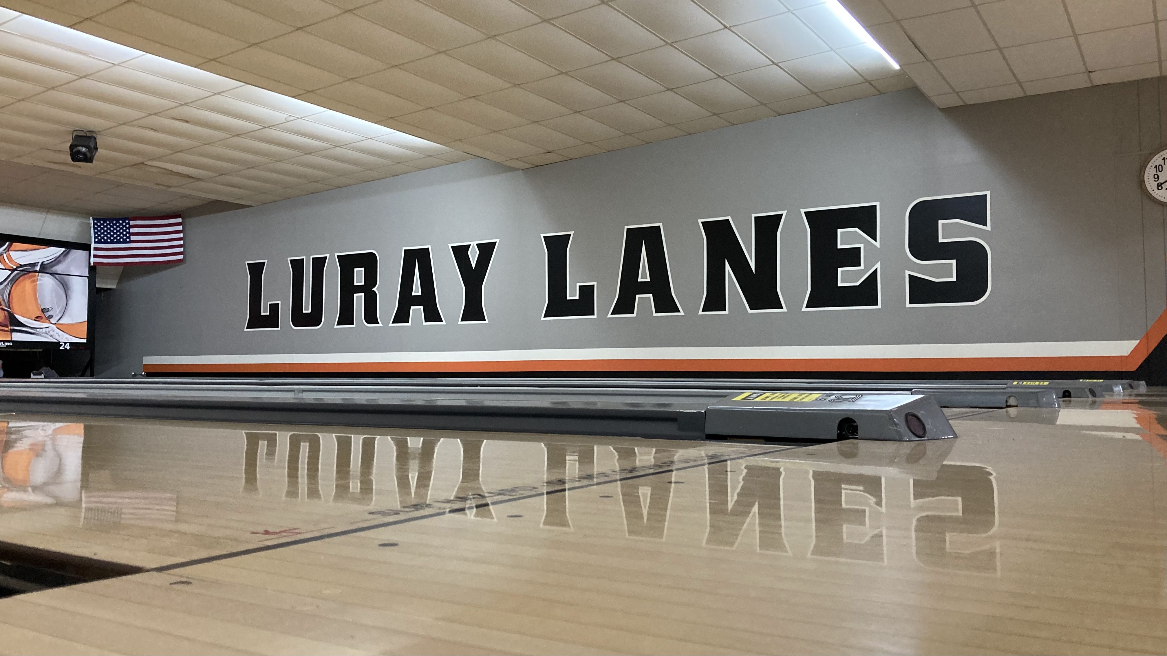 The Luray Lanes bowling alley — LURAY LANES painted on the back wall above the lanes